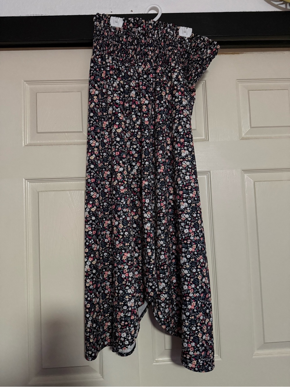 Smocked Strapless Floral Maxi Dress - Black with Pink & White Flowers